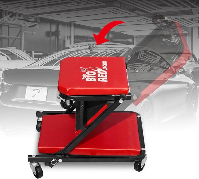 BIG RED ATR6036ZER 36" Foldable Z-Creeper Seat: 2-in-1 Garage Shop Creeper for Auto Repair with 6 Wheels, 300 Lbs. Capacity - Red