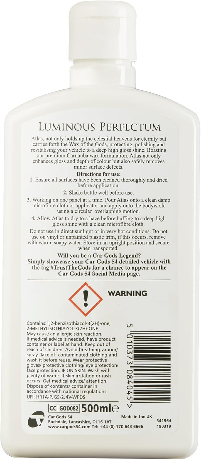 Car Gods Carnauba Wax Ultimum Perfectum, 17fl Oz - High Gloss Vehicle Shine Removes Minor Surface Defects Super Smooth Finish Hydrophobic Protection Beading Water Repelling Dirt Easy Use