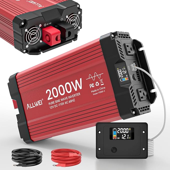 ALLWEI 2000W Pure Sine Wave Inverter 12V DC to 110V AC Converter, Surge 4000W, 2 AC Sockets, LCD Display, Power Inverters for Vehicles, RV, Truck, Home, Solar & Off-Grid Inverter, Remote Controller