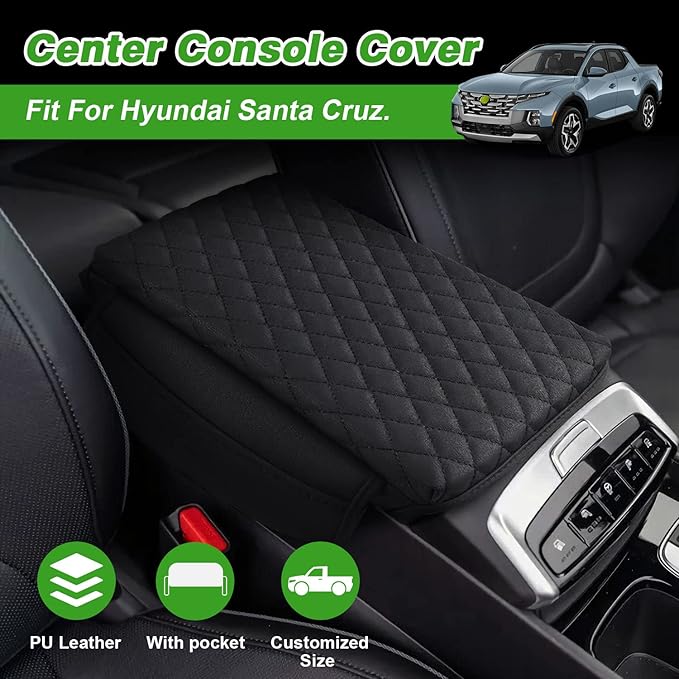 Shademax Center Console Cover Custom Fit for Hyundai Santa Cruz 2022 2023 2024 2025 2026 Armrest Cover Cushion Pad Santa Cruz Accessories PU Leather Armrest Seat Box Protector with Pockets Storage Bag
