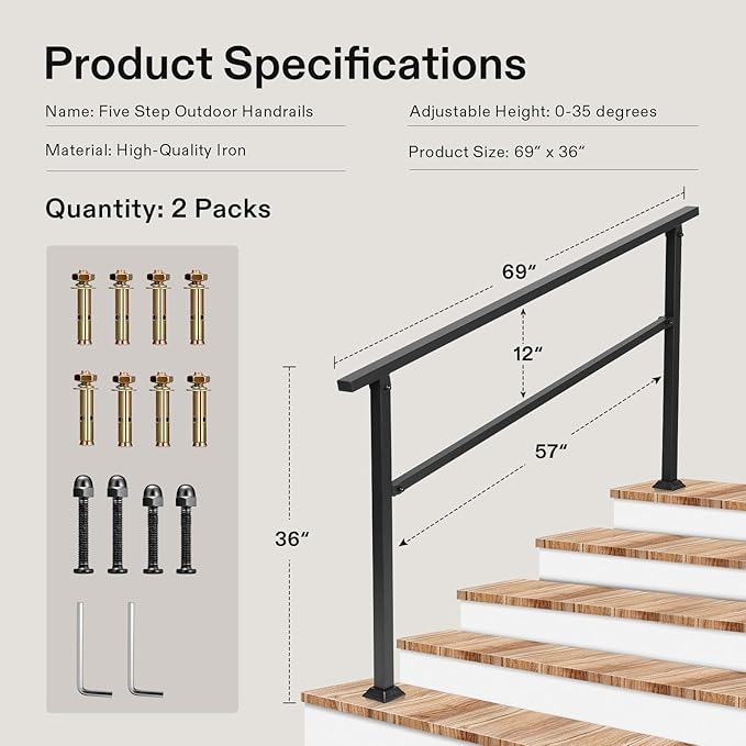 VIVOSUN 2-Pack Outdoor Handrail, 5 Step Stair Handrail, 69" x 36" Fits 1 to 5 Steps, Wrought Mattle Iron Handrail for Concrete Steps, Porch Steps, One-Step Assembly, 2 Packs, Black