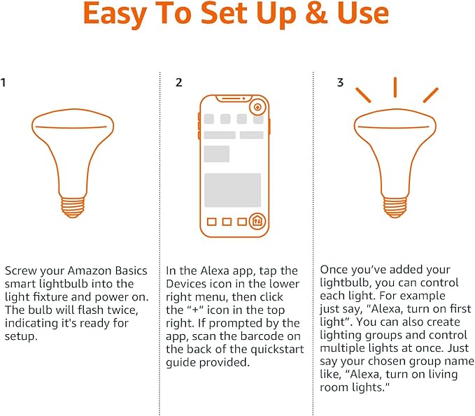 Amazon Basics Smart BR30 LED Light Bulb, Dimmable Soft White (2700K), 9W (60W Equivalent), 800LM, Works with Alexa Only, 2.4 GHz Wi-Fi, No Hub Required, 4 Pack