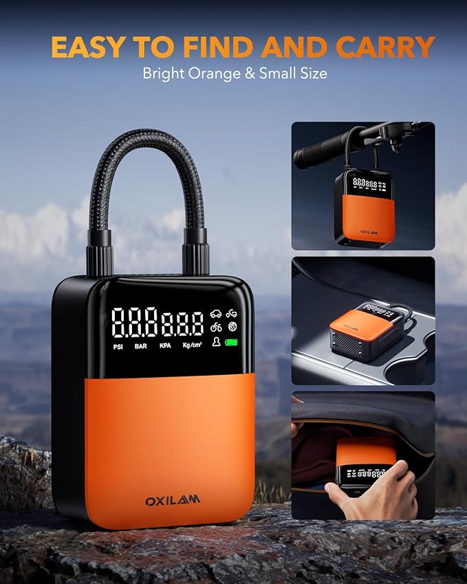 OXILAM C1 Tire Inflator Portable Air Compressor - Rechargeable 3x Faster Air Pump For Car Tires With Tire Pressure Gauge, 150psi Cordless Air Compressor For Car, Motorcycle, Bike, Ball And More