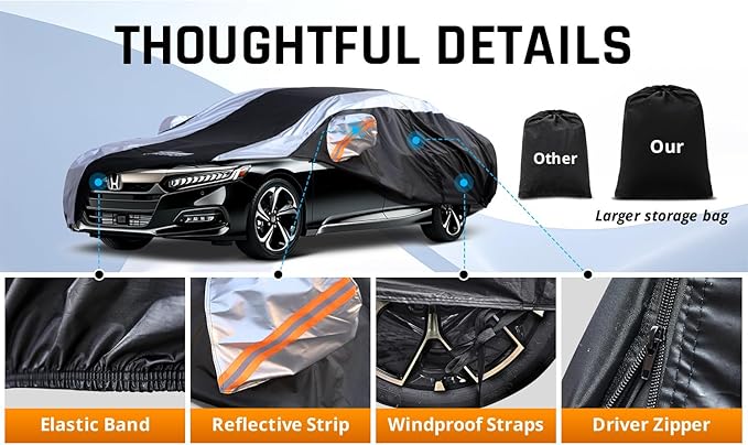 Honda Accord Car Cover Waterproof All Weather with Silver Strip Design, Custom Fit for Honda Accord 2005–2025, Accord Accessory with Door Zipper & Windproof Straps