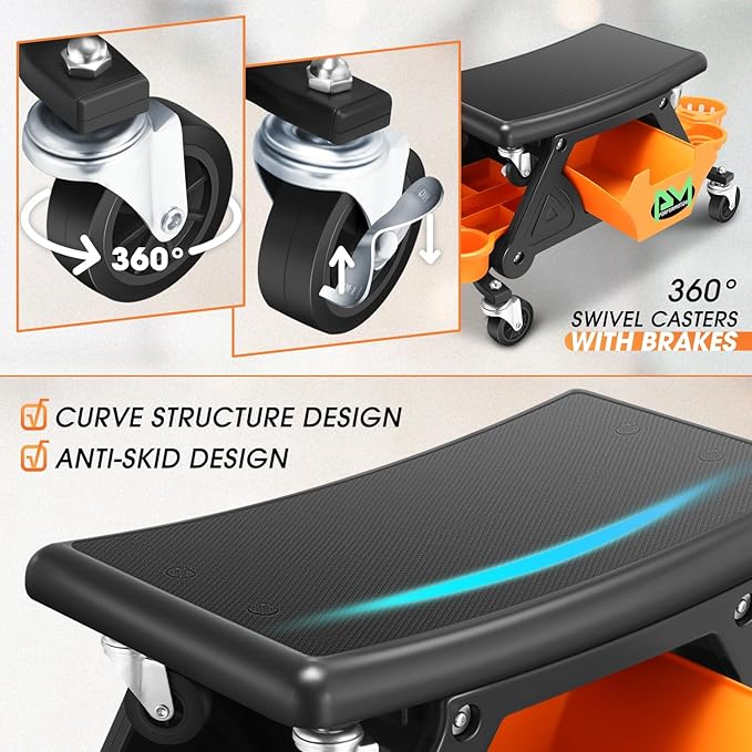 PM PERFORMOTOR Mechanic Stool - 25-1/2" x 13" x 12" (L x H x W), Rolling Work Seat w/Lockable Swivel Wheels and Storage Tool Tray, Orange,PM-TOL-CRS-OG