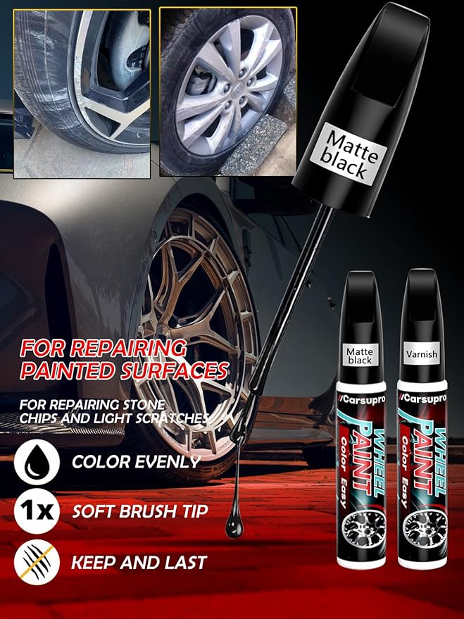 Black Rim Touch Up Paint. Wheel Scratch Repair Pen. Car Rim Paint Pen Quick And Easy Fix Rim Scratches,Rim Paint For Car Wheel Repair (2, Matte Black+Varnish)