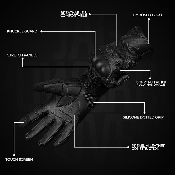 J.A.G. Motorcycle Gloves - Premium Leather Perforated Motorcycle Gloves for Men with Knuckle Protection | Touchscreen Motorbike Riding Gloves