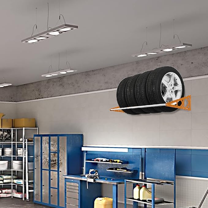 Tire Rack Wall Mount Adjustable 31"-56" Tire Storage Rack Wall Mount Wheel Rack with Heavy Duty Telescopic RodsSteel 400 Pound Weight Capacity (Orange)