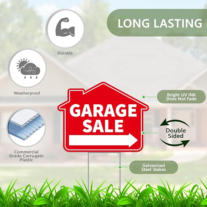 2PC Garage Sale Yard Sign with Stakes, 17 Inches by 13 Inches - Double Sided Signs - Corrugated Plastic