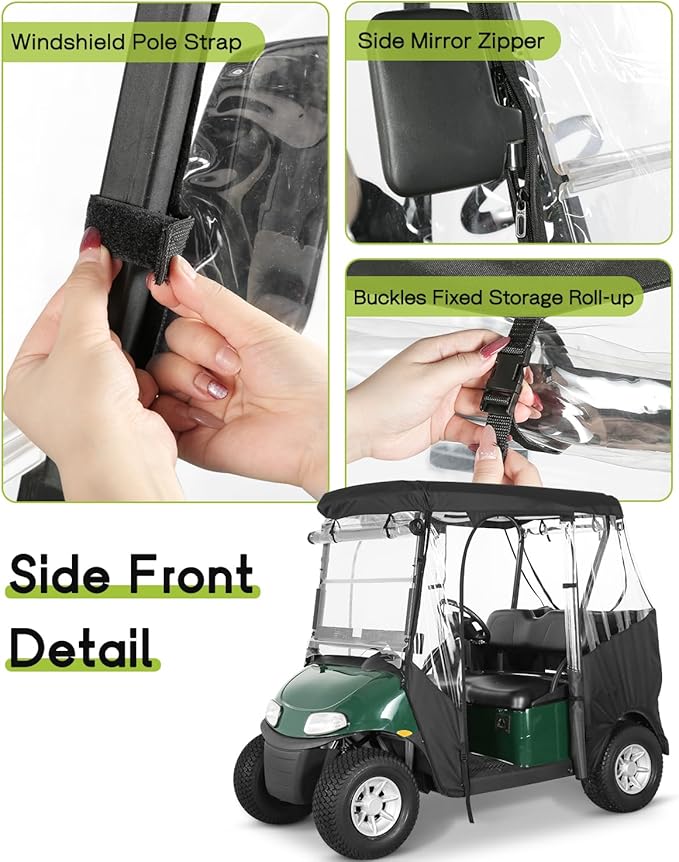 Golf Cart Enclosure 2 Passenger for EZGO TXT & RXV 2-Person Seaters Waterproof Transparent Driving Rain Enclosure Cover with 4-Sided Clear Windows Mirror Zipper Roll-Up Door Black