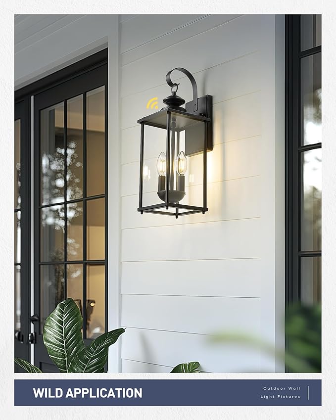 kudos Dusk to Dawn Outdoor Lighting,18.1 inch Light Sensor Porch Lights, Anti-Rust Waterproof Outdoor Wall Light for Patio, Garage, Black with Clear Glass, KDOWL02-BK-L-LC