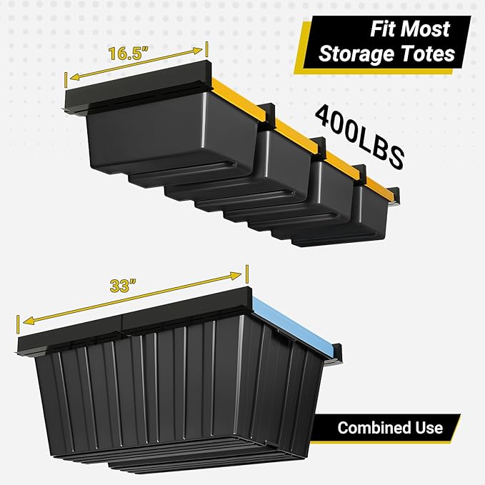 Overhead Garage Storage Rack 4-Bin, Heavy Duty Ceiling Racks w/ 400 LBS Load Capacity for Utility Bin, Powder Coated Tote Rack for Garages, Sheds, Storerooms,(5 PCS, for 4 Bins)