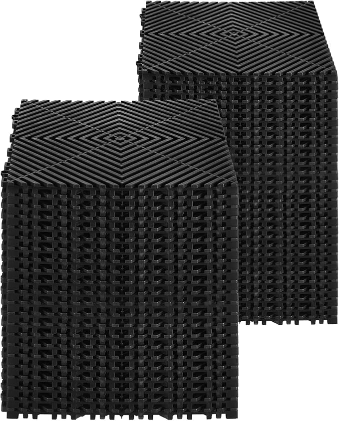 VEVOR Interlocking Drainage Mat, 12” x 12” Modular Interlocking Cushion, 50 Pcs Splicing Drainage Mats, Non-Slip Black PP Drainage Floor Tile and Shower Mat, for Garage, Garden, Kitchen & Outdoor