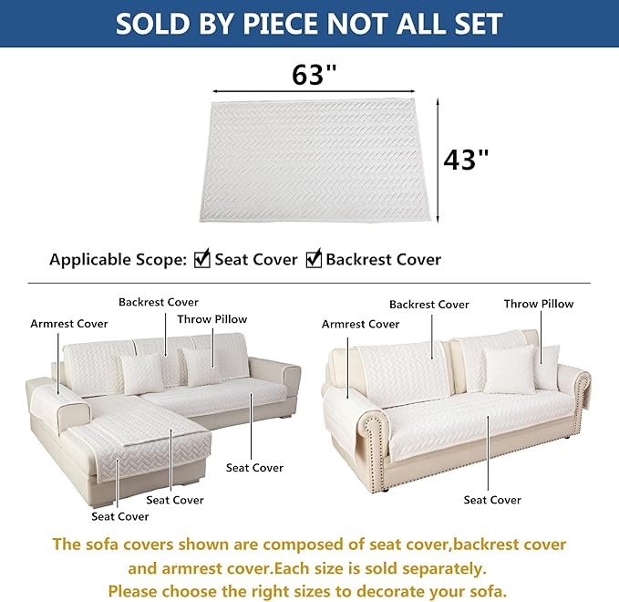 Eismodra Couch Cover,Sectional Couch Covers,Sofa Covers for 3 Cushion Couch,Anti-Slip Sofa Slipcovers for Dogs Cats Kids Loveseat Recliner L Shaped Armrest Backrest,White 43''x63''(Only 1 Piece)