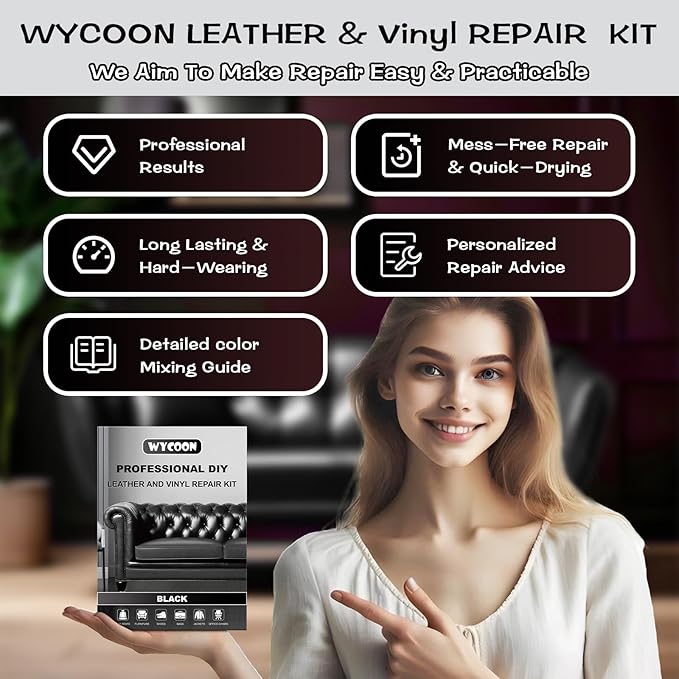 Black Leather & Vinyl Repair Kit, Fix Fading, Tears, Scratches, and Peeling on Leather and Vinyl Furniture, Car Seats, and Jackets, Easy Instruction with Color Mixing Guide