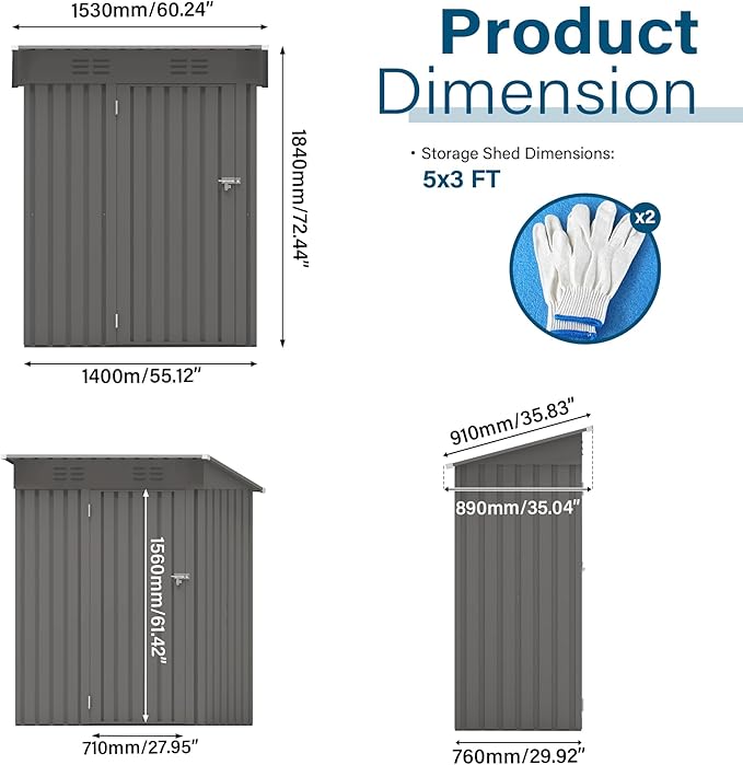 5X3 FT Metal Outdoor Storage Shed, Waterproof Tool House with Pitched Roof and Lockable Door, Weather-Resistant Garden Sheds for Backyard, Patio, Sundries and Bike Storage, Gray