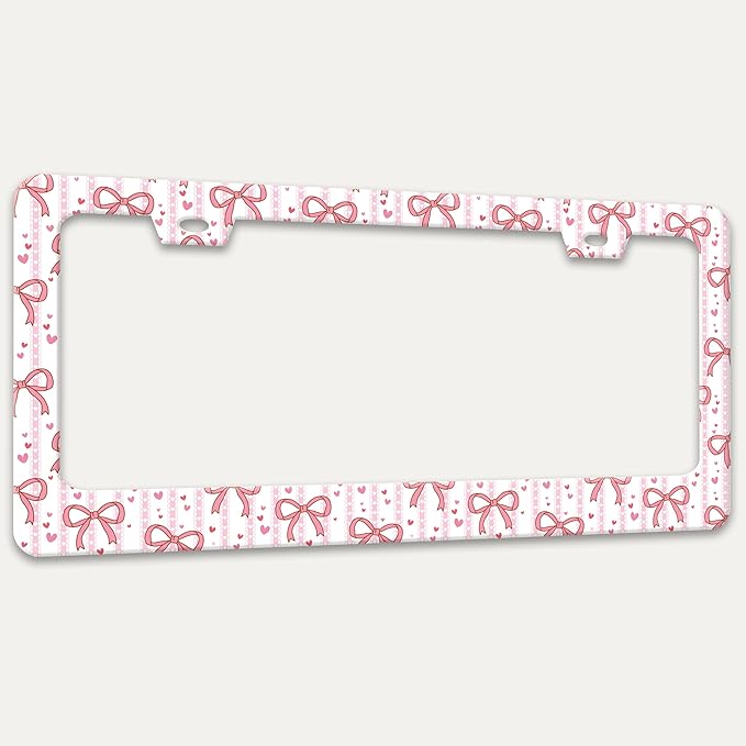 Pink Bow License Plate Frame Cute Bow License Plate Holders Funny Stainless Steel Auto Accessory Bracket 2 Hole with Screws Universal Us Car License Plate Frames 6x12 Inch for Women Men