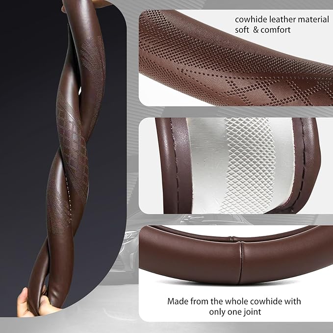【2025 Model】 High-Grade Real Cowhide Steering Wheel Cover for Men Women，Brown Genuine Leather Steering Wheel Cover for Cars,Universal 14.5-15 inch Steering Wheels,Grid & Square Motif
