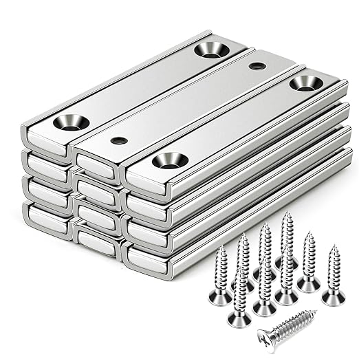 MIKEDE Strong Magnets Bar, 70LB Neodymium Rare Earth Magnet Heavy Duty, 12 Pack Rectangular Magnet with Countersunk Hole and Steel Capsule, Mounting Strips for Home, Garage - 60x13.5x5mm