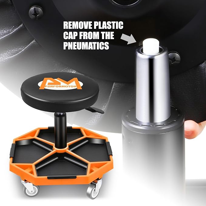 PM PERFORMOTOR Adjustable Height Pneumatic Garage Seat Rolling Mechanic Stool with Tool Tray Storage,300lbs Max Weight Capacity, Orange,PM-TOL-ATS-OG