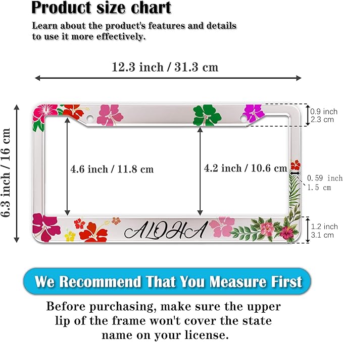 License Plate Frames License Plate Bracket for Women Aloha Hawaii Hibiscus Floral Flowers Colorful Universal Aluminum Car Accessory 2 Pack with Screw Covers Set