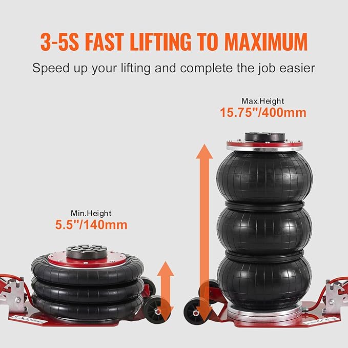 VEVOR Air Jack, 3 Ton/6600 lbs Triple Bag Air Jack, Air Bag Jack Lift Range 5.9"-15.75", Airbag Jack with Adjustable Long Handle, 3-5 S Fast Lifting for Car, Auto Shop, Garage
