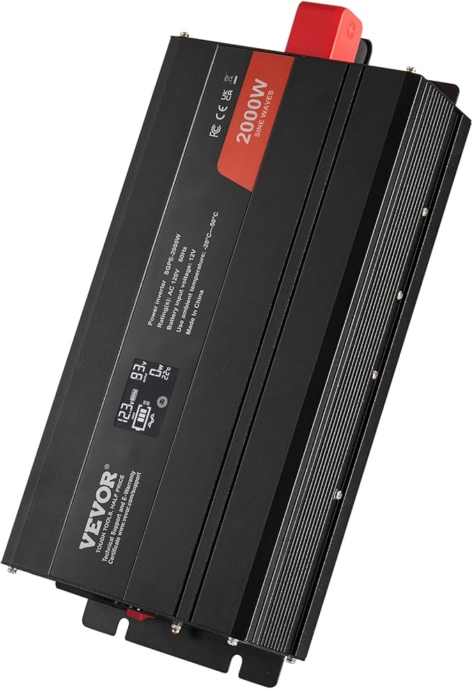 VEVOR Pure Sine Wave Inverter, 2000 Watt, DC 12V to AC 120V Power Inverter with 2 AC Outlets 2 USB Port 1 Type-C Port, LCD Display and Remote Controller for Medium-Sized Household Equipment, CE FCC