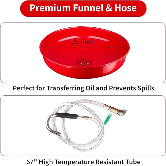 PONO 20-Gallon Air Operated Waste Oil Drain Tank with Wheels, Portable Industrial Fluid Drainage System - Adjustable Funnel Height for Auto Shops, Farm Equipment & Garage Use (Red)