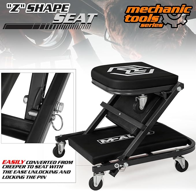M-AUTO Foldable Z Creeper 2-in-1 Rolling Folding Car Creeper & Seat, 36" Adjustable Roller Garage Chair Lay Down or Sit, 330LBS Capacity Under Car Roller Creeper with 6 Swivel Casters, Black