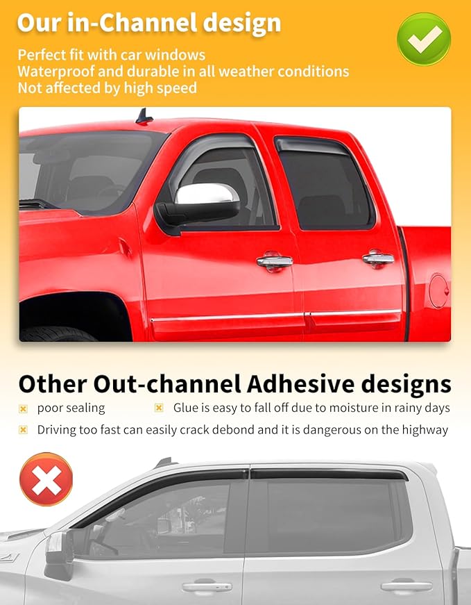 in-Channel Window Rain Guards Fit for Truck Chevrolet (Chevy) Silverado/GMC Sierra 2007-2013 Crew Cab Extra Durable Window Deflectors Window Visors Vent Shades Vent Visors Car Accessories