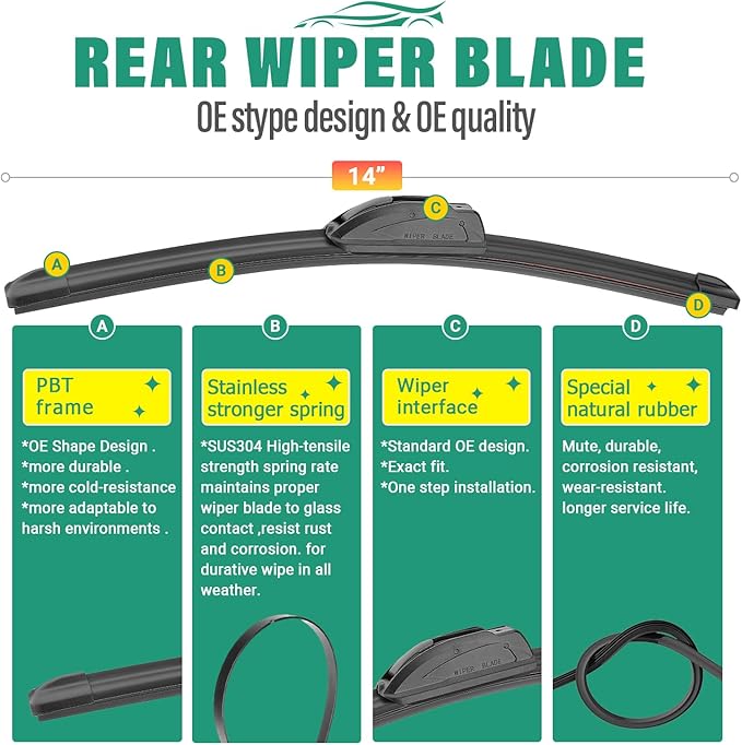 26" 18" 14" Windshield Wiper Blades Replacement for Honda Civic Hatchback 2017 2018 2019 2020 2021 Premium All Weather Front Rear Wipers Set - OEM Quality (Pack of 3)