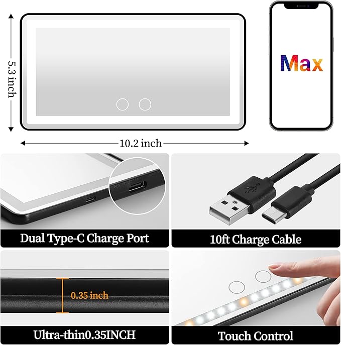 Car Sun Visor Vanity Mirror with Lights, 2 Pcs Rechargeable Car Makeup Mirror Accessories, Birthday Gifts for Women Girl, 3 Light Modes, Dimmable Touch Led Screen, Universal for Car Truck