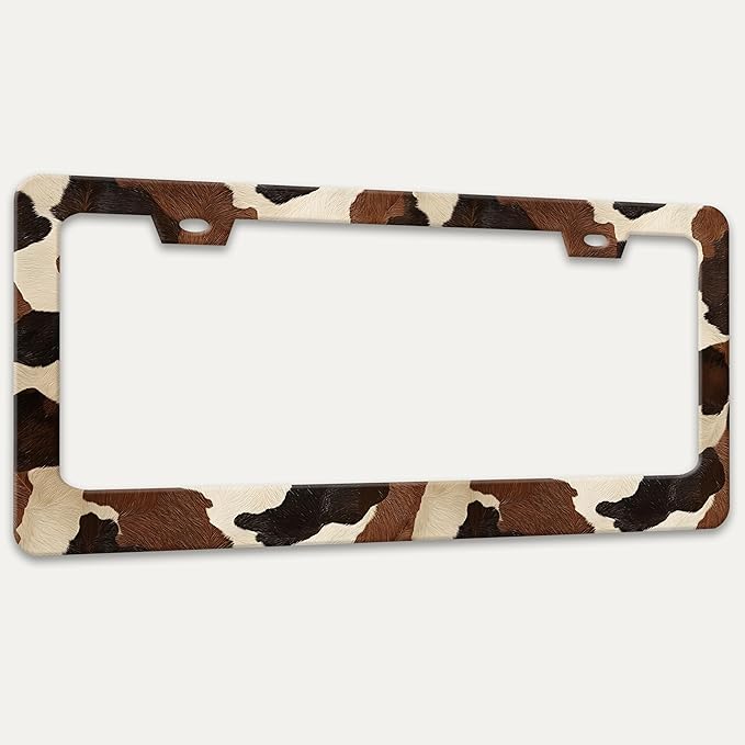 Cow Print Texture License Plate Frame Animal Skin Spots License Plate Holders Funny Stainless Steel Auto Accessory Bracket 2 Hole with Screws Universal Us Car License Plate Frames 6x12 Inch