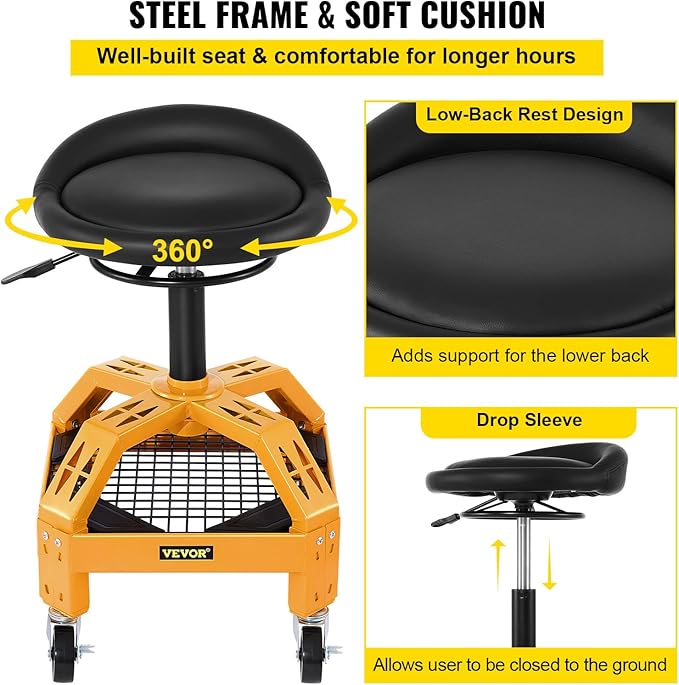 VEVOR Rolling Garage Stool, 300LBS Capacity, Adjustable Height from 24 in to 28.7 in, Mechanic Seat with 360-degree Swivel Wheels and Tool Tray, for Workshop, Auto Repair Shop, Yellow