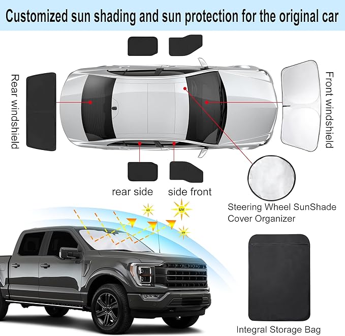 TINGLU Window Shades for Ford F150 4Door 2021-2024 2025 Accessories Car Side Full Windows Rear Triangular Windshield Sun Shade Sun UV Rays & Privacy Protection for Camping,Napping,and Relaxing 6PCS