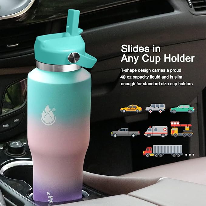 SENDESTAR 40oz Stainless Steel Water Bottle(Cold for 48 Hrs, Hot for 24 Hrs),Double Wall Vacuum Insulated Bottle with Straw Lid, Spout Lid and Flex Cap, Fit in Any Car Cup Holder