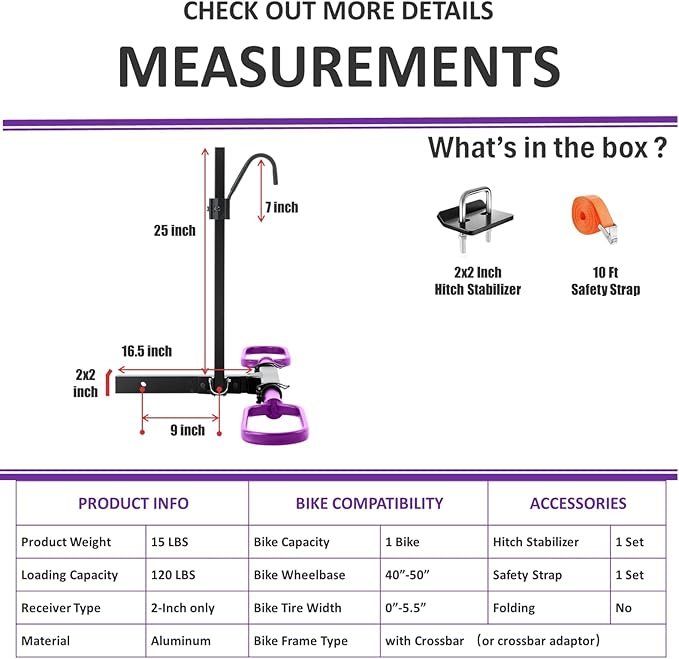 Trailer Hitch Bike Rack for Car 1 Bike, E Bike Carrier Hitch Mount, Fat-Tire Ebike Rack for Tow Hitch, Fits 2" Inch Receiver for SUV Truck Van (1 Bike - 120 Lbs Cap - Purple)
