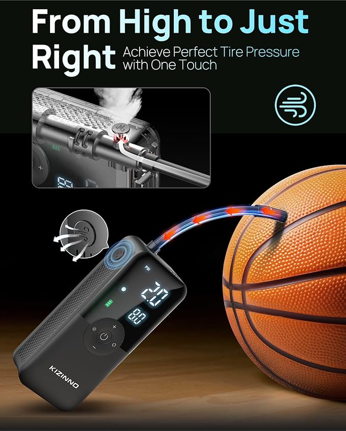 Electric Bike Pump Portable for Bicycle Tires, Compact Motor Air Pump - Fast Inflator 150PSI Smart Air Pump with Digital Pressure Gauge for Bike, E-Bike, Motorcycle with Presta and Schrader Valve
