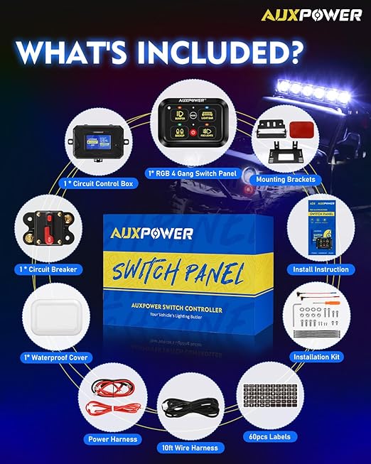 Auxpower RGB 4 Gang Switch Panel A24 Auxiliary Switch Panel with Relays Box 3 Lighting Modes Auto Dimmable Backlit Switch Panel 12V Waterproof Off Road Control Panel for Truck Marine UTV Car