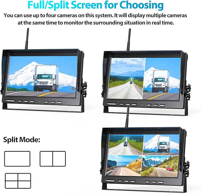 Fookoo HD 1080P 10" Wireless Backup Camera System, 10-inch Quad Split Screen Monitor w/Recording, IP69 Waterproof Side Rear View Cameras, Digital Signal, Parking Lines for RV/Truck/Trailer