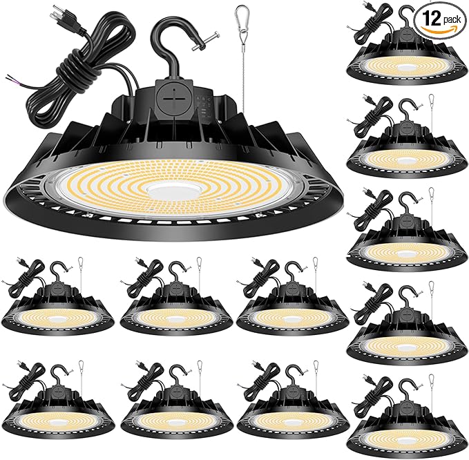12Pack LED High Bay Lights, 150W UFO High Bay LED Shop Lights, 22500LM Adjustable CCT(5700K 5000K 4500K) & Power(150W 120W 80W), 0-10V Dimmable, 5' Cable Plug, IP65 Waterproof, ETL & DLC Listed