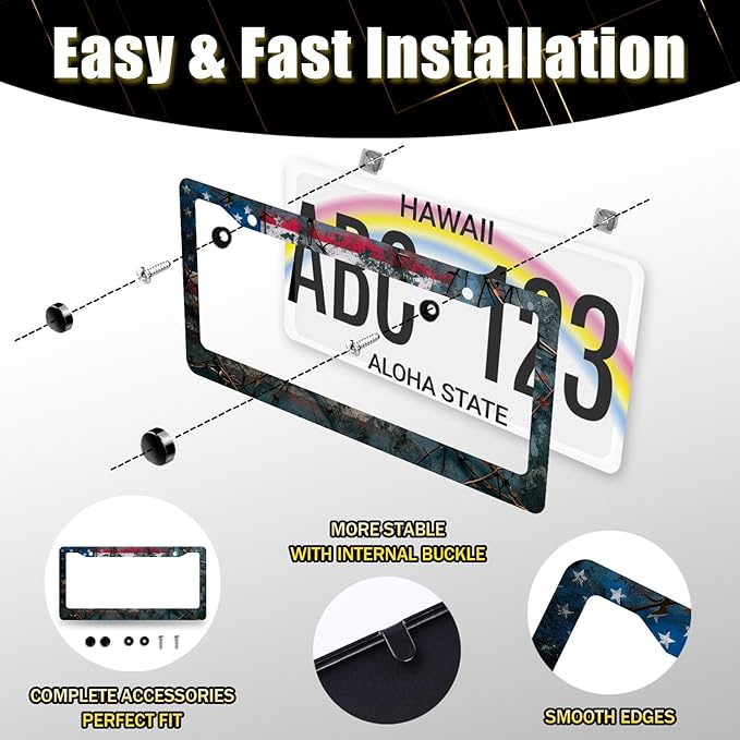 American Flag License Plate Frame Patriotic USA License Plate Holder Stainless Steel Funny Design with 2 Holes and Screws 12.3" x 6.3"