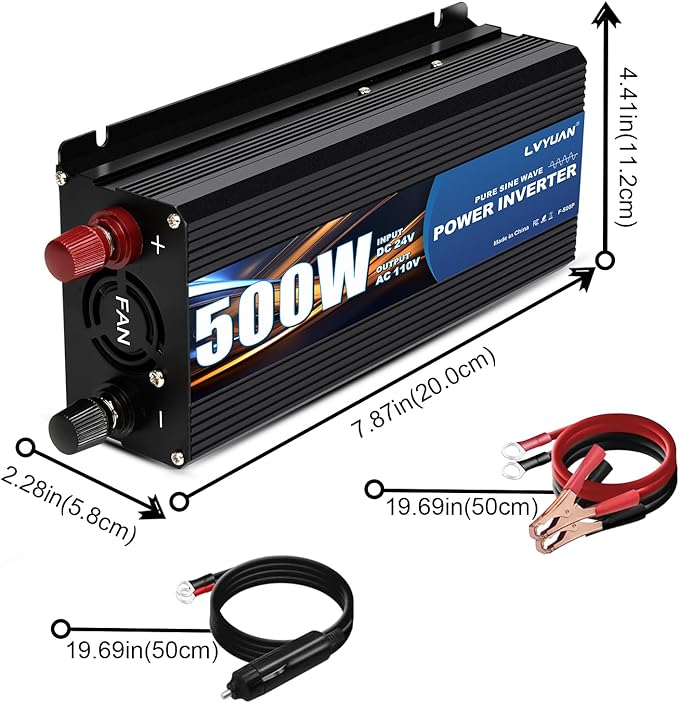 LVYUAN 500 Watt Pure Sine Wave Power Inverter 24V to 110V/120V DC to AC Converter with Dual Sockets, Dual USB Ports, LED Display for Home Outdoor RV Car Power Inverter Power Adapter