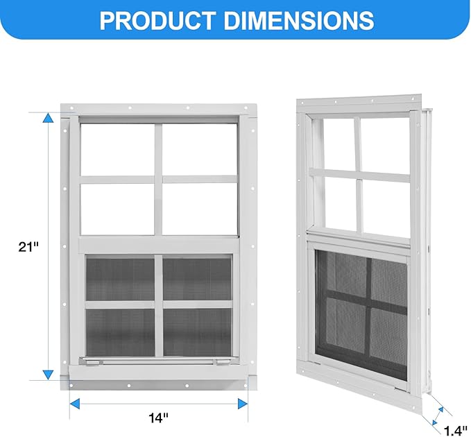 NeatiEase Upgraded Shed Windows 2 Pack, 14" x 21" Windows with Tempered Glass and Stainless Steel Screen for Shed, Chicken Coop, Playhouse, Household, Garage(White)