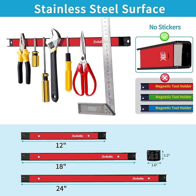 6 Pieces 12" Magnetic Tool Holder Strip, Red Magnet Bar, Metal Tool Organizer Rack for Garage Organization, Easy To Install in Workshop, Mounting Screws Included