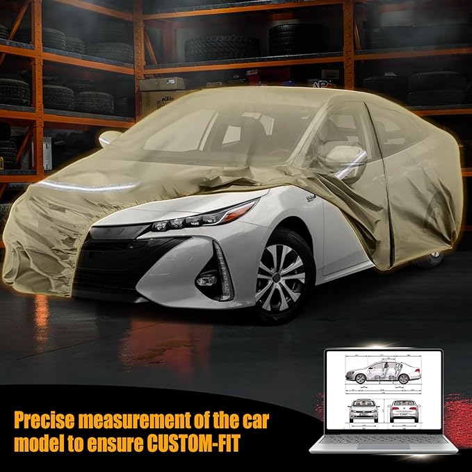 Waterproof Car Covers Replace for 2004-2025 Toyota Prius, Multilayer Heavy Duty with Cotton Liner All Weather Custom-fit Car Cover with Zipper Door, Windproof Bands for Snow Rain Dust Protection