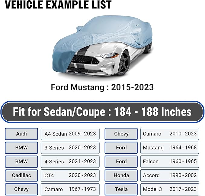 iCarCover 18-Layer Car Cover Waterproof All Weather, Premium Quality Car Covers for Automobiles, UV Protection, Ford Mustang, Camaro, XK, 4-Series, M4, Supra, Thunderbird, Fits 184-188 Inches