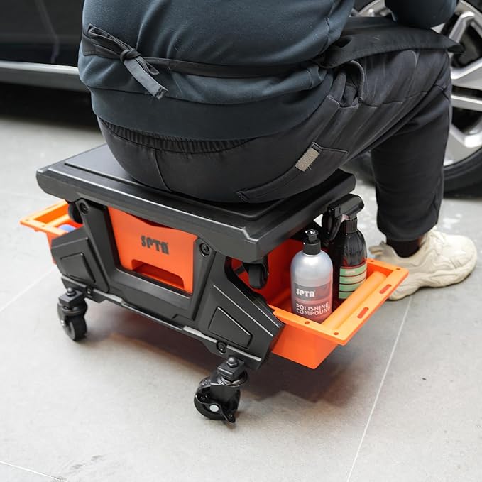 SPTA Automotive Mobile Rolling Mechanics Stool - Heavy Duty Roller Creeper Seat Soft Rubber Cushion Brake Wheels Storage Drawers Tray Roller Seat for Home DIY Garage Car Detail, 330lb Load Bear -PT161