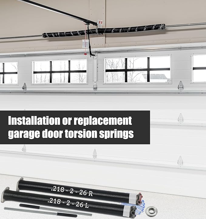 Garage Door Torsion Spring Set, Pair of 2" Electrophoresis Coated Garage Door Spring Replacement with 2 Non-Slip Winding Bars and Bearing, Minimum 16000 Cycles (.218x2x26")