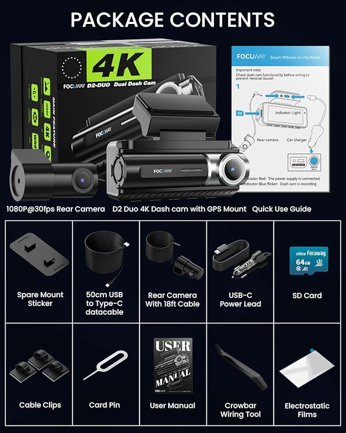 Dash Cam Front Rear 4K Built-in 5G WiFi GPS, Voice Control, 3.39 inch IPS Screen, Dual Dash Camera for Car Includes 64GB SD Card, Super Night Vision, 24H Parking Monitor, Supercapacitor, Type C, HDR